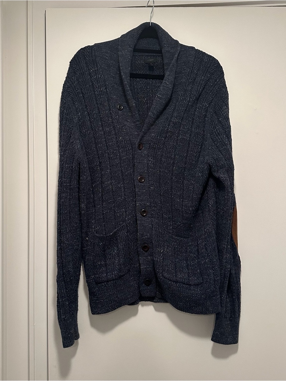 ON SALE J. Crew Men's Blue Cotton Cardigan With Suede Elbow Pads
